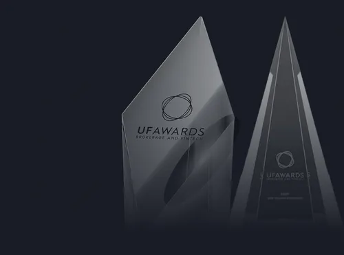 UF Awards trophies showcasing Deriv's 25+ years as trusted trading partner