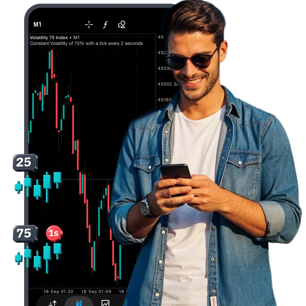 Man trading on smartphone with gold and silver bars displayed alongside a Synthetic Indices chart in background