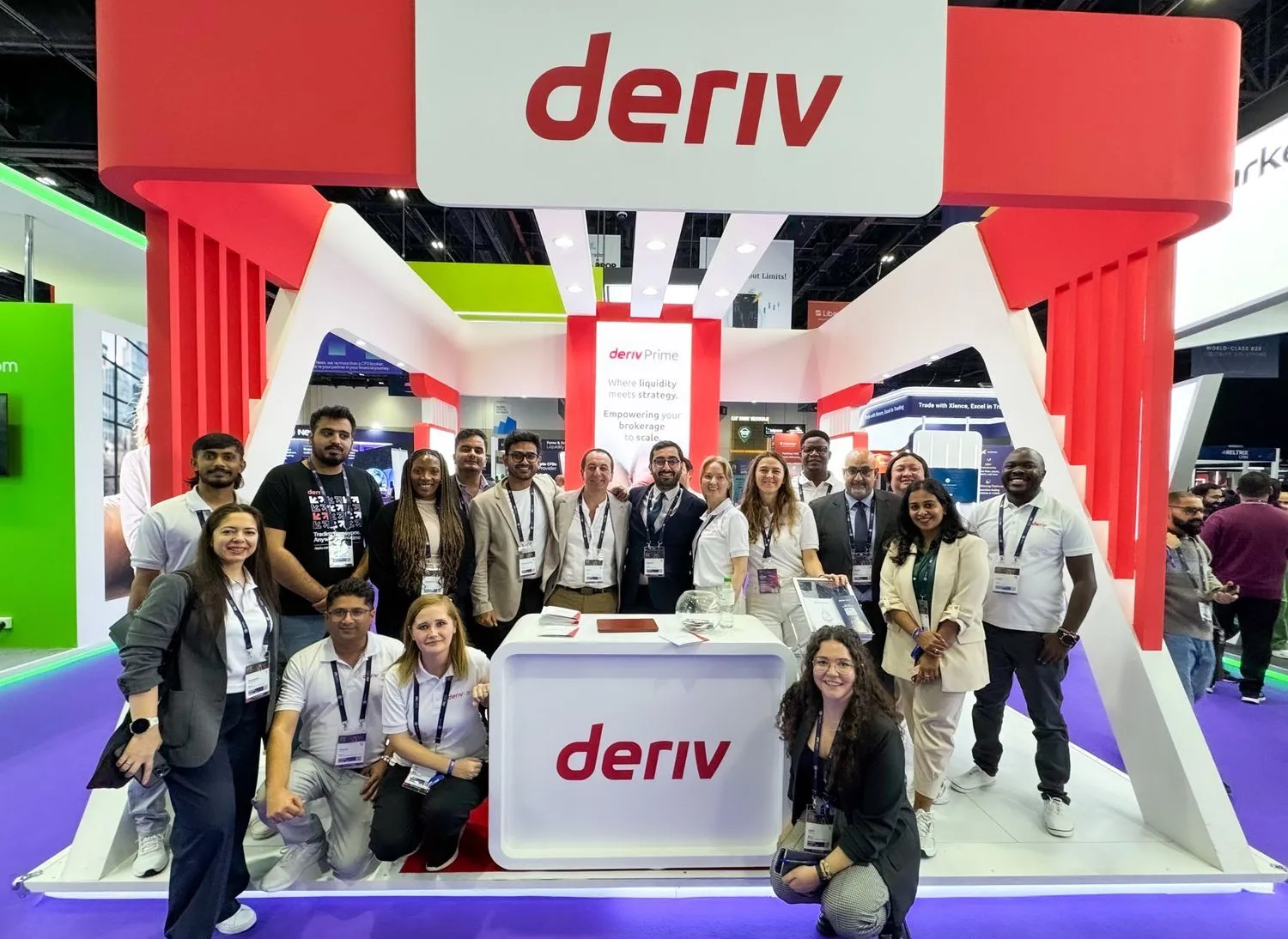 Deriv team at a global fintech event, showcasing Deriv Prime’s liquidity solutions and commitment to brokerage growth.