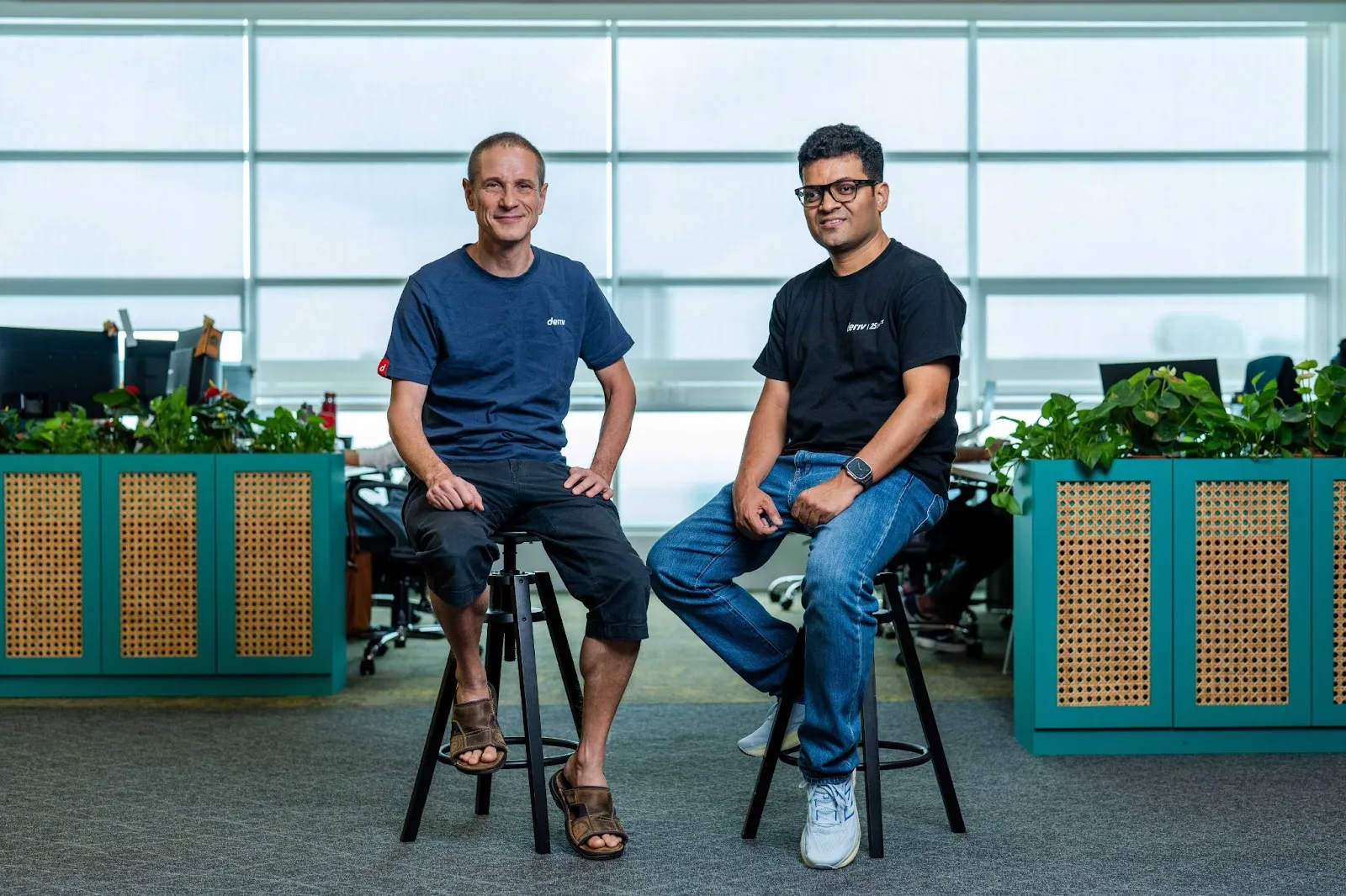 Deriv Founder and CEO Jean-Yves Sireau with co-CEO Rakshit Choudhary at Deriv’s office, reflecting leadership unity.