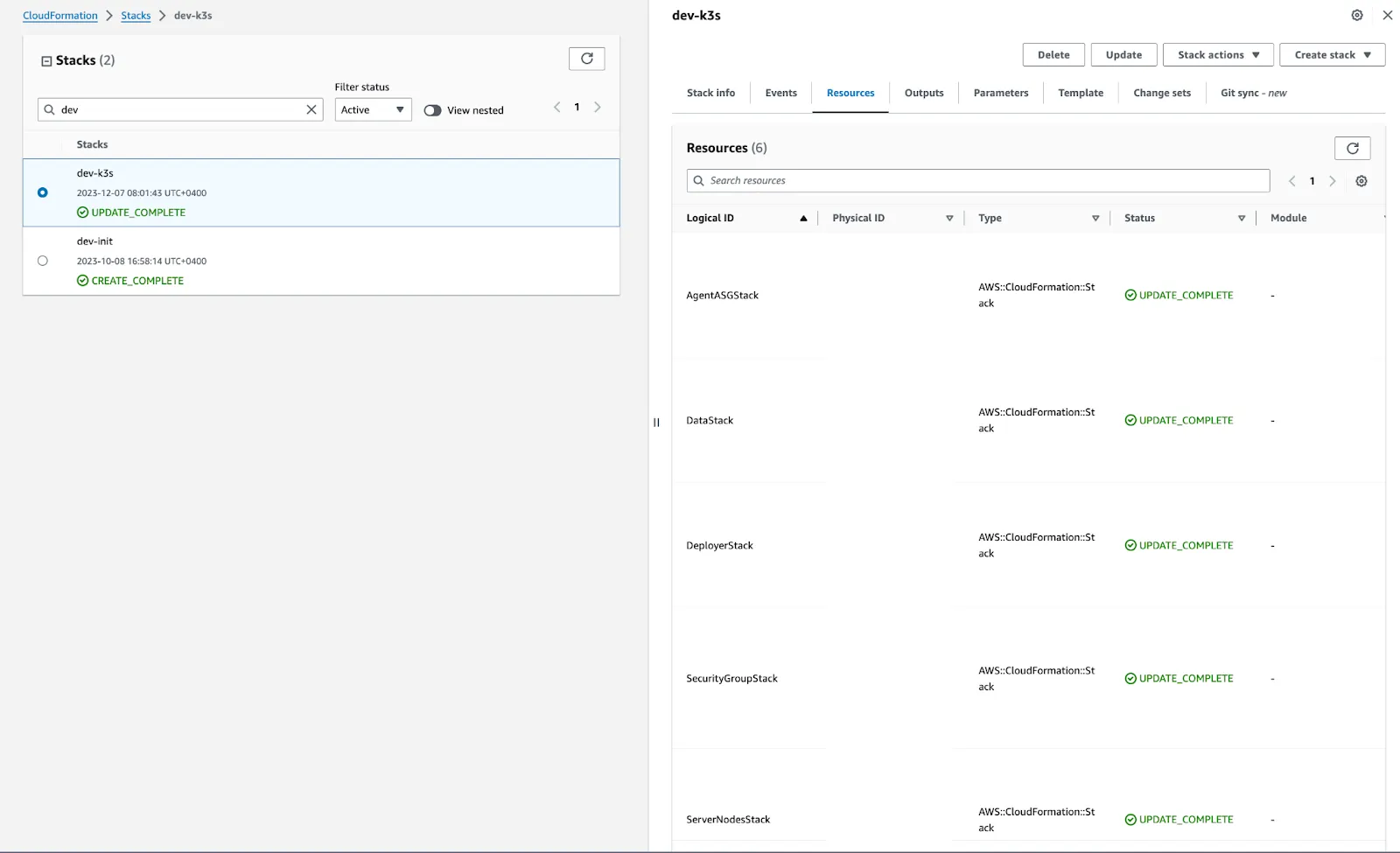 A screen showing the provisioned CloudFormation stacks
