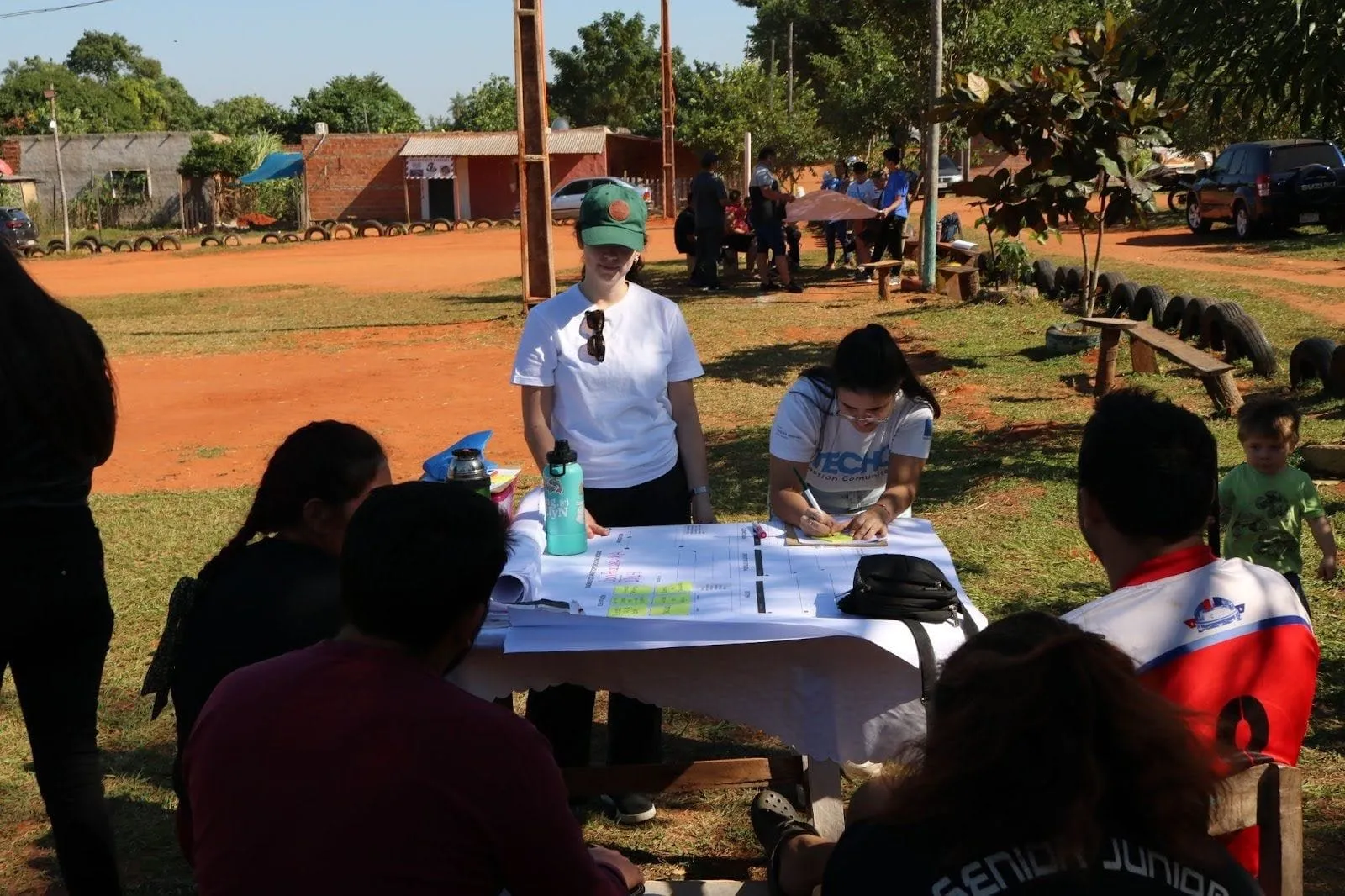 Deriv Asunción employees sketching plans and taking notes of the needs of the Areguá community.