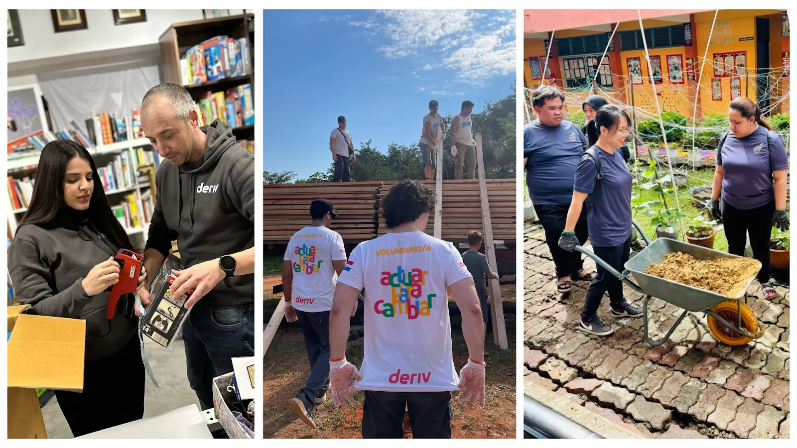  A collage of Deriv CSR initiatives: employees packing donations, volunteers building a wooden structure, and a team working in a school garden.