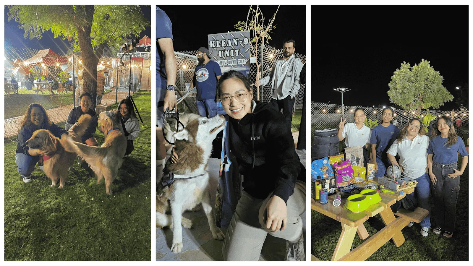 Deriv employees volunteering at Ras Al Khaimah (RAK) Animal Welfare Centre, interacting with dogs and donating supplies to support the animals.