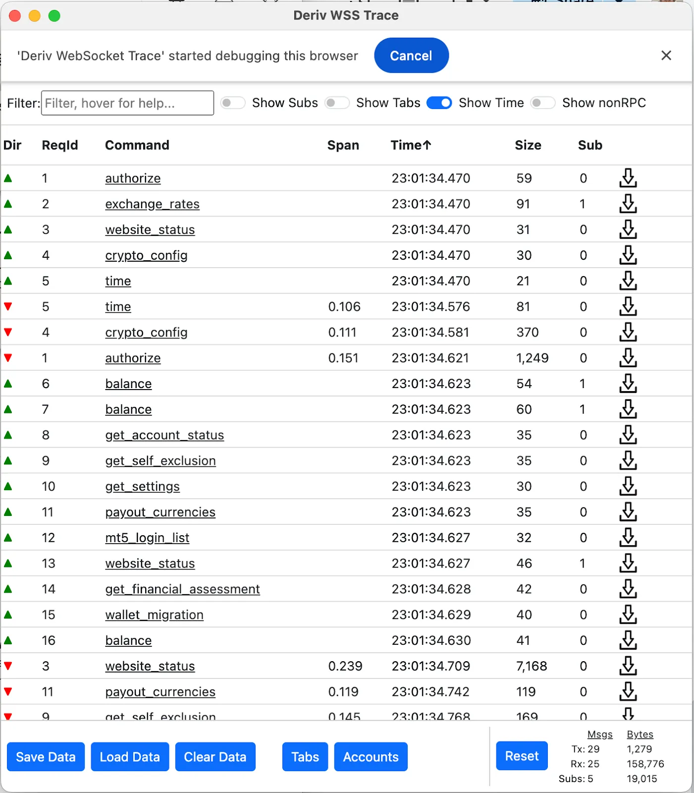 لقطة شاشة لتتبع Websocket أثناء تصحيح متصفح