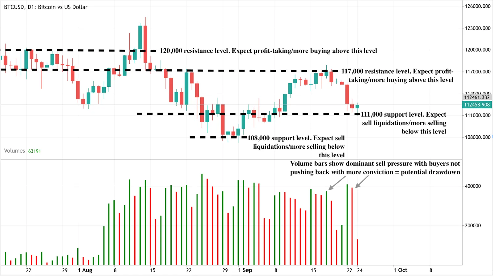 A Bitcoin (BTC/USD) daily candlestick chart with key resistance and support levels marked.