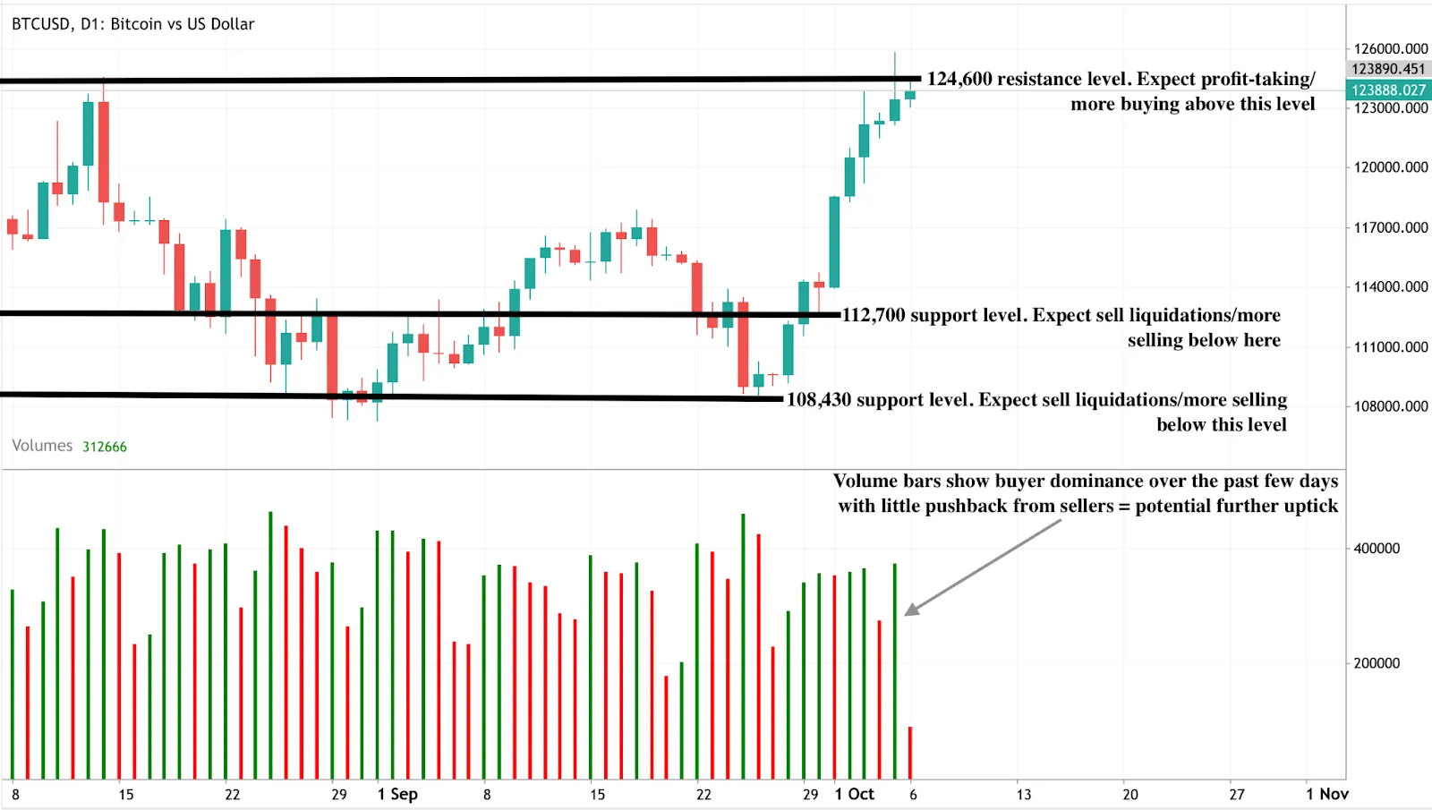 A Bitcoin (BTC/USD) daily chart showing strong upward momentum nearing the 124,600 resistance level.