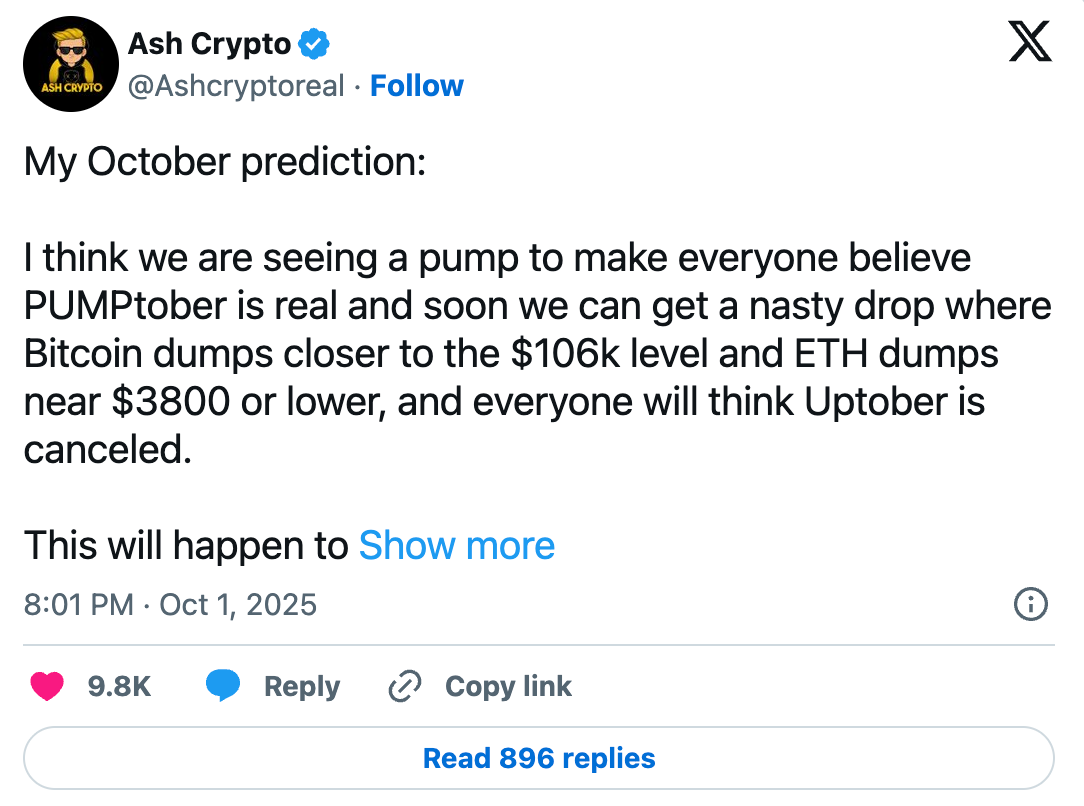 لقطة شاشة لمنشور على X بواسطة Ash Crypto يتوقع فيه أن يرتفع سعر البيتكوين مؤقتًا قبل أن ينخفض إلى نحو 106 آلاف دولار والإيثريوم إلى 3,800 دولار في أكتوبر 2025