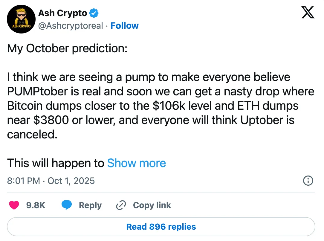 Screenshot of a post on X by Ash Crypto predicting that Bitcoin’s price may rise temporarily before dropping to around $106K and Ethereum to $3,800 in October 2025