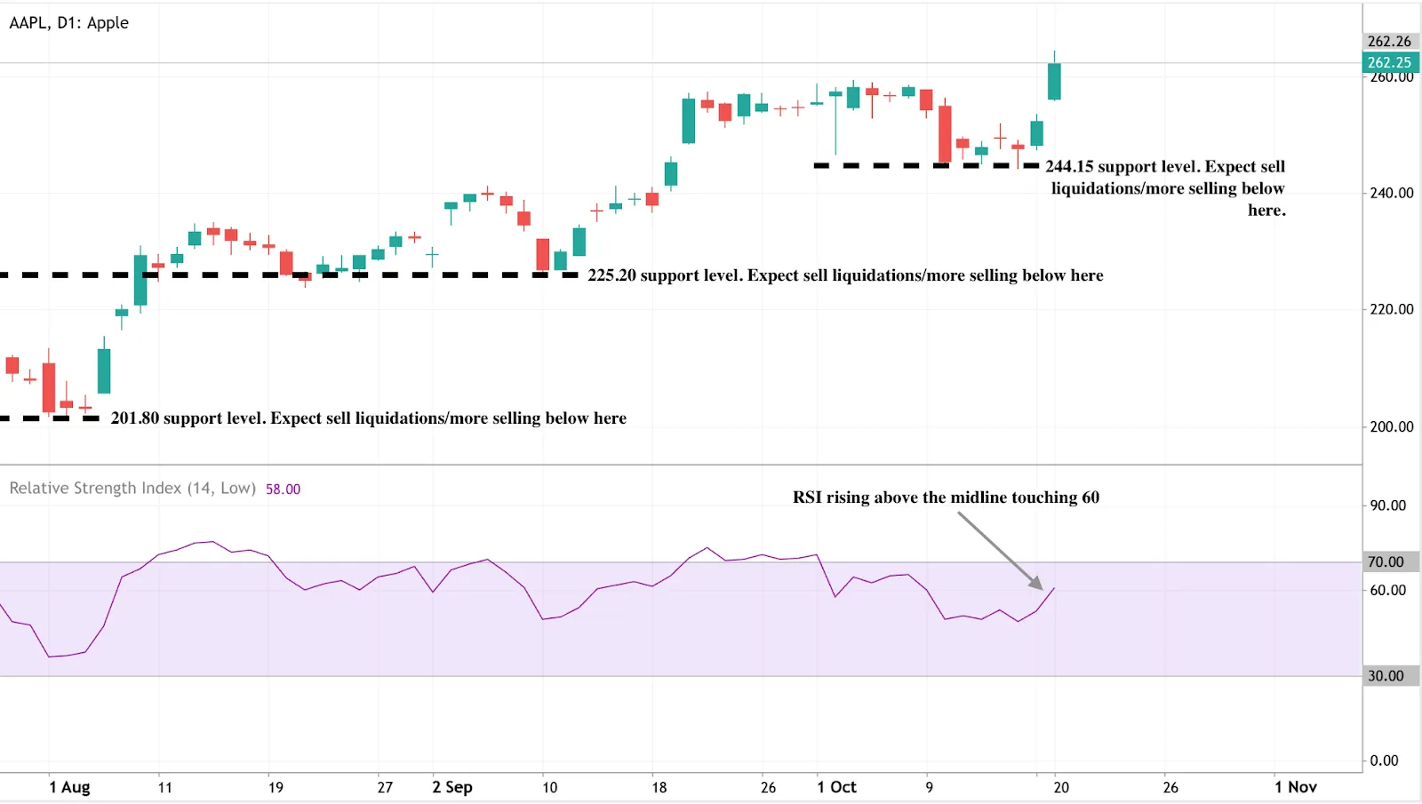 A daily candlestick chart for Apple (AAPL) showing price action from August to October.