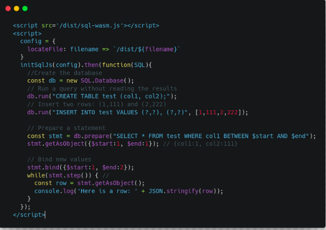 كود استخدام sql.js