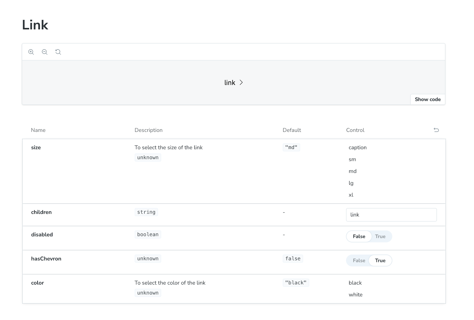 شاشة تعرض مكون الرابط في Storybook الخاص بـ Quill