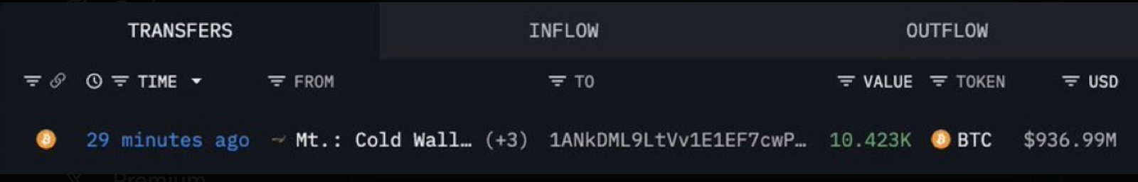 Screenshot of a Bitcoin transaction record showing a transfer from Mt. Gox cold wallet to another address