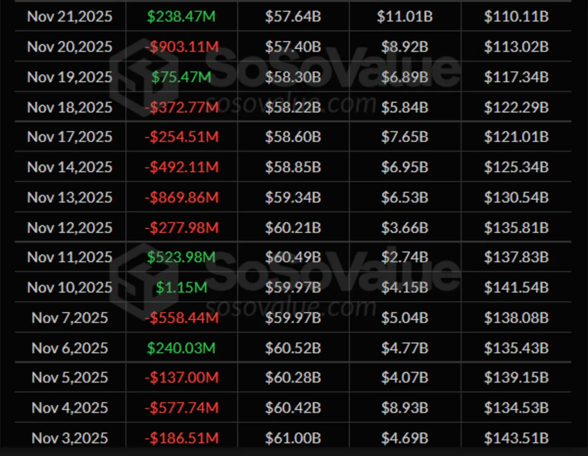 A black-themed financial data table showing daily capital flows and market metrics for early to late November 2025.