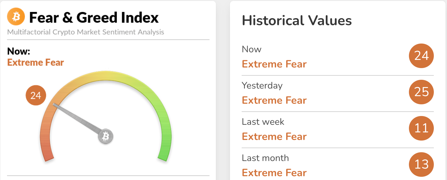 A dashboard showing the Crypto Fear & Greed Index. The current reading is 24, labelled ‘Extreme Fear,’ displayed on a gauge pointing toward the fear zone.