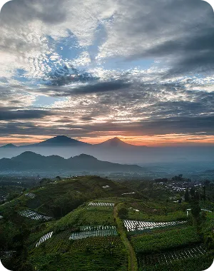 A scenic view of a valley with a mountain in the background.