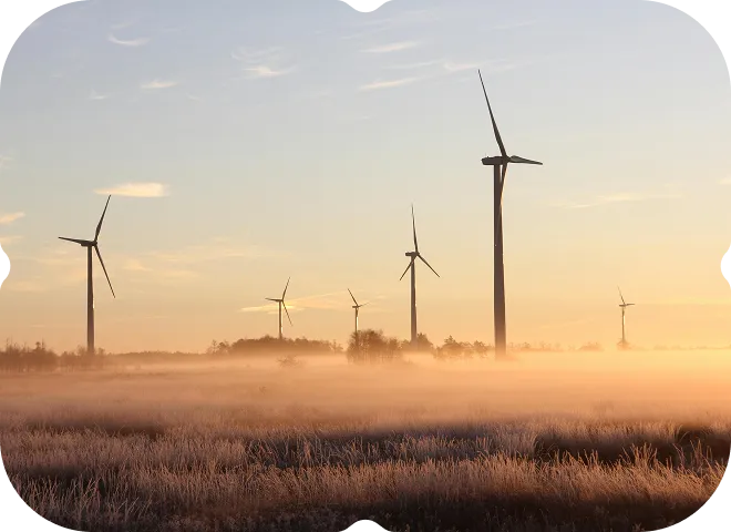 A foggy field with windmills in the distance.