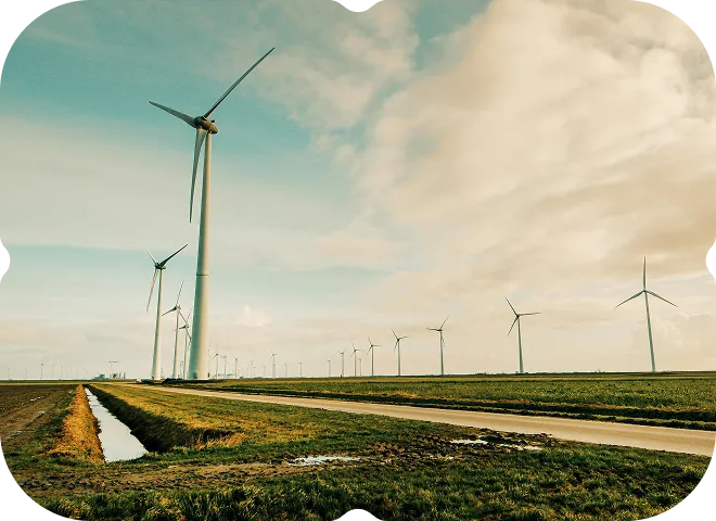 A picture of a wind farm taken through a fish eye lens.