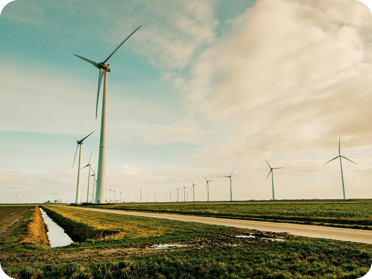 A wind farm with several windmills in the background.