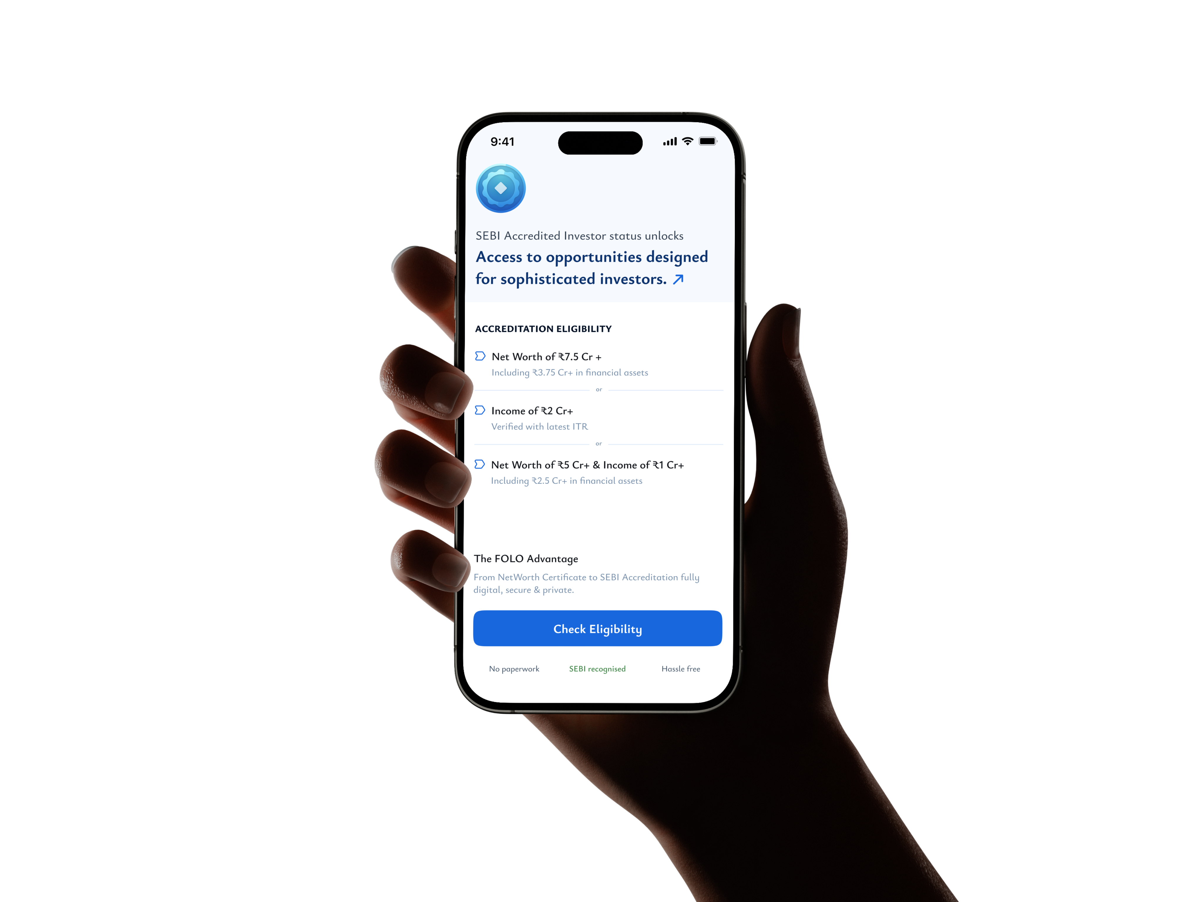 FOLO app showing SEBI Accredited Investor eligibility on a phone