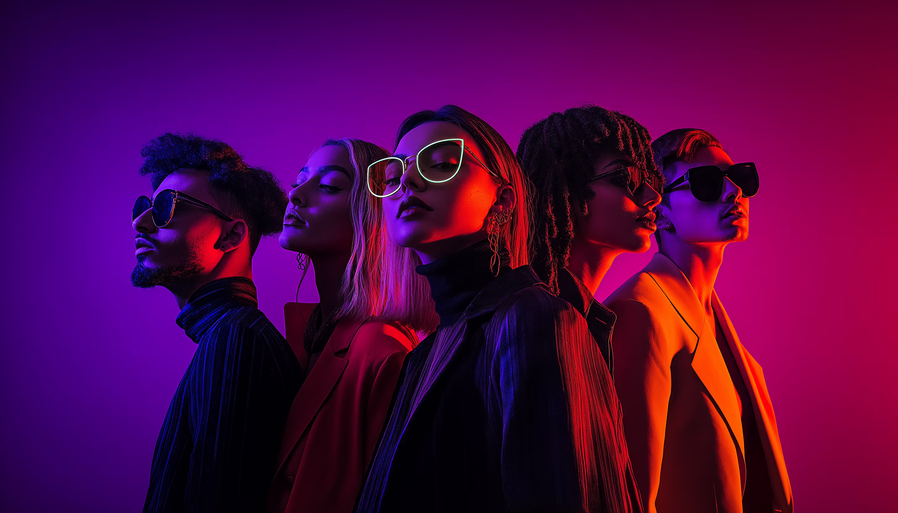 A stylized profile shot of five people standing in a line against a purple and pink gradient background. They're all wearing sunglasses and dark clothing, creating a dramatic silhouette effect. The lighting is moody and atmospheric, with neon-like purple and pink hues illuminating their profiles. The subjects appear to be in a staged, artistic photo shoot with a modern, synthwave aesthetic.