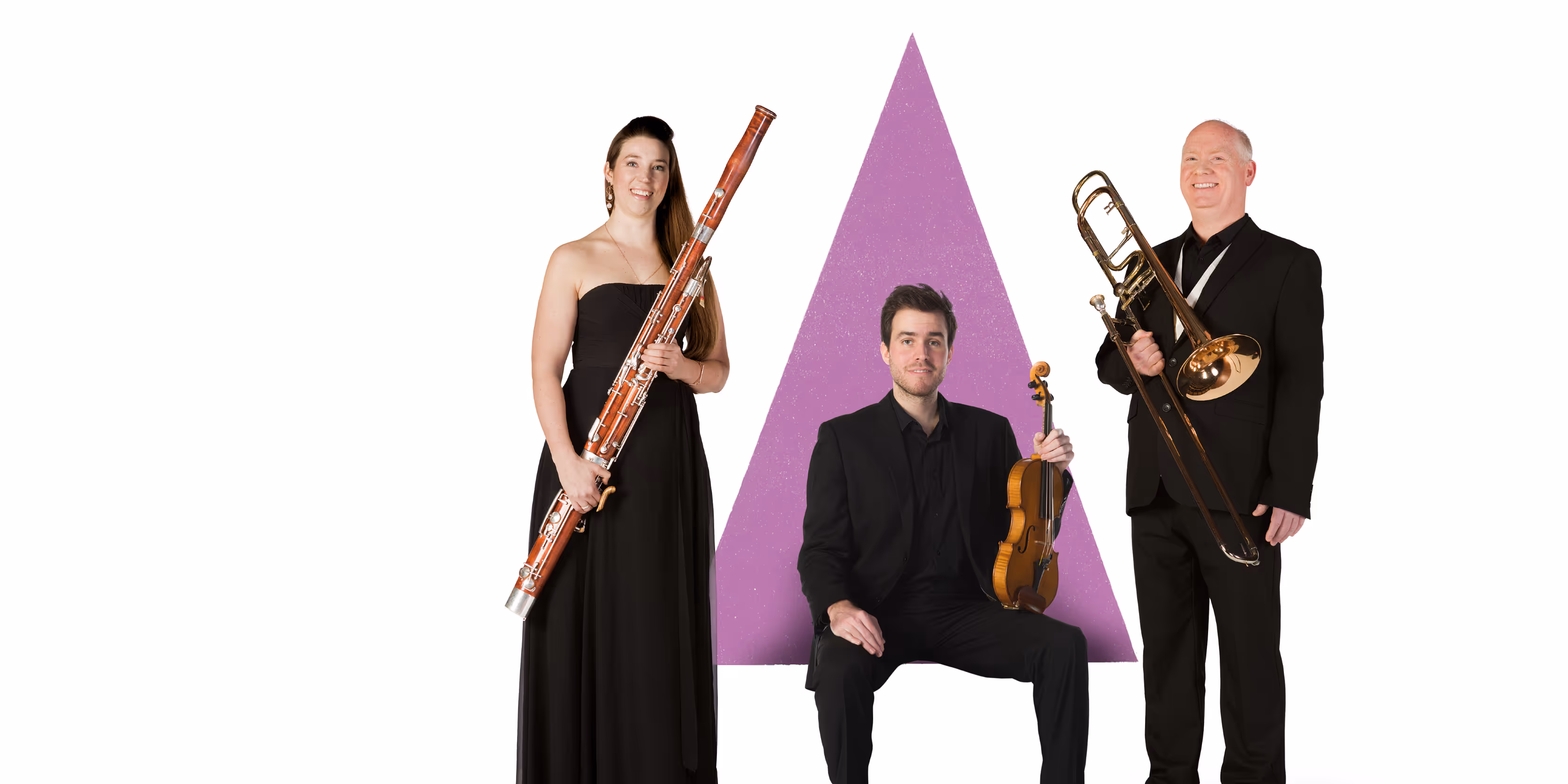 Three musicians are holding their instruments in front of a purple triangle graphic.