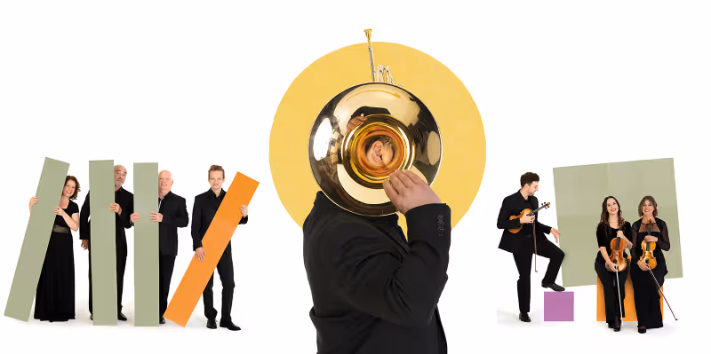 In the centre, an eye can be seen through a trumpet, musicians stand either side in the background holding their instruments, surrounded by colourful graphic shapes.