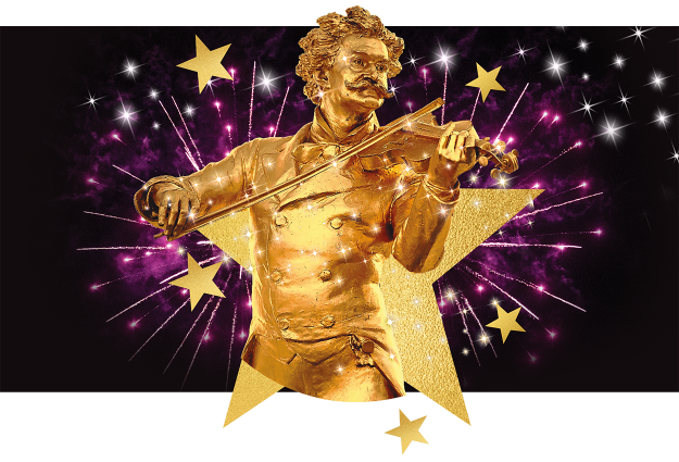 A golden statue of conductor Johann Strauss II, surrounded by stars