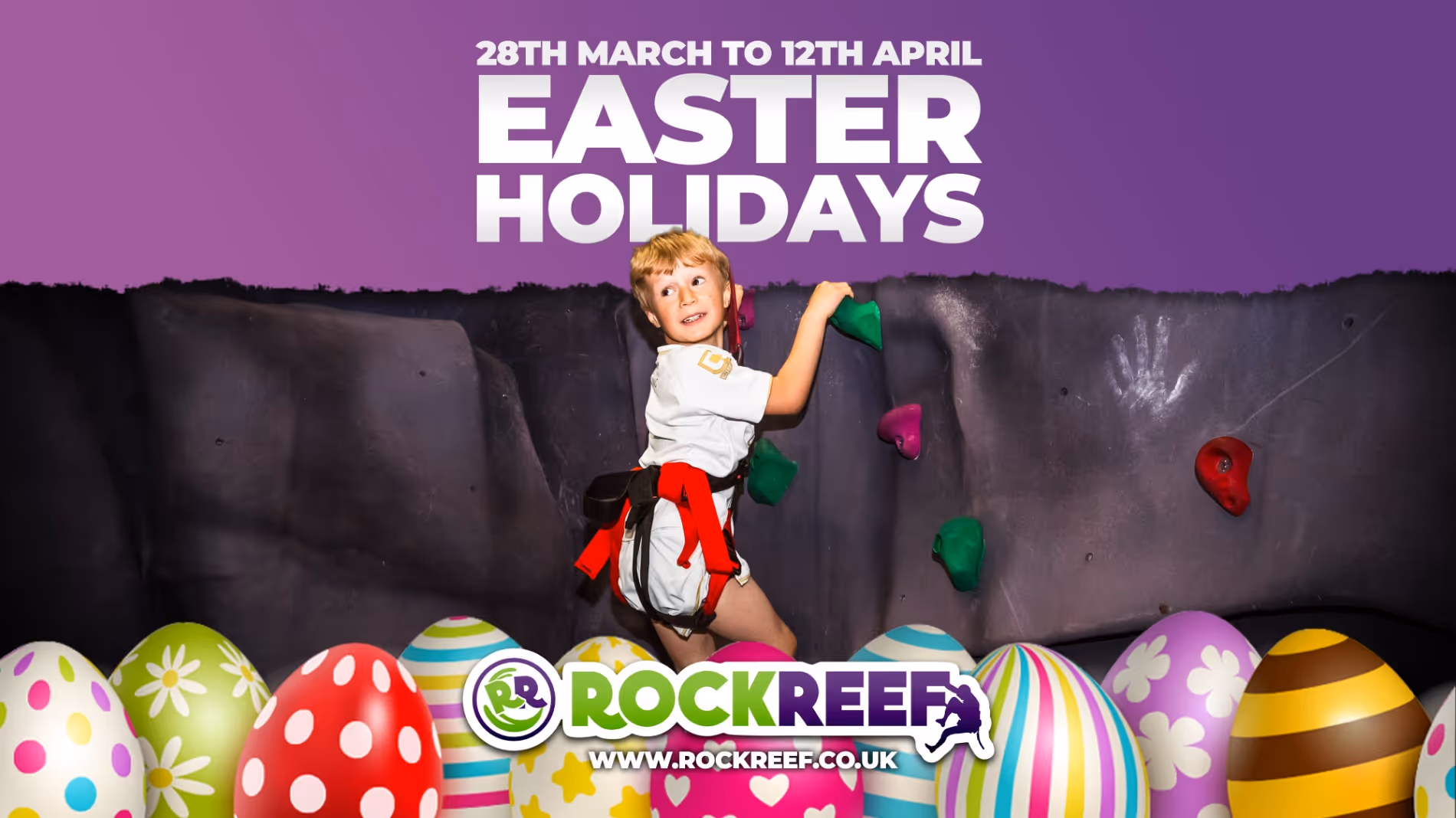 Boy climbing rock wall. Purple banner with Easter Holidays. Easter Eggs on lower half.