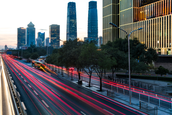 Long exposure photo of a city road at dusk