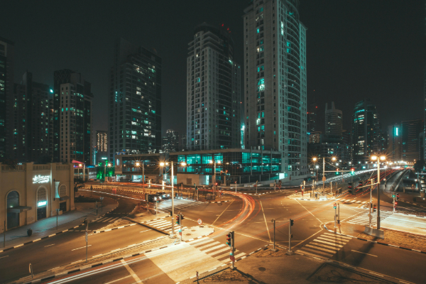 A View of an Intersection at Night in Dubai