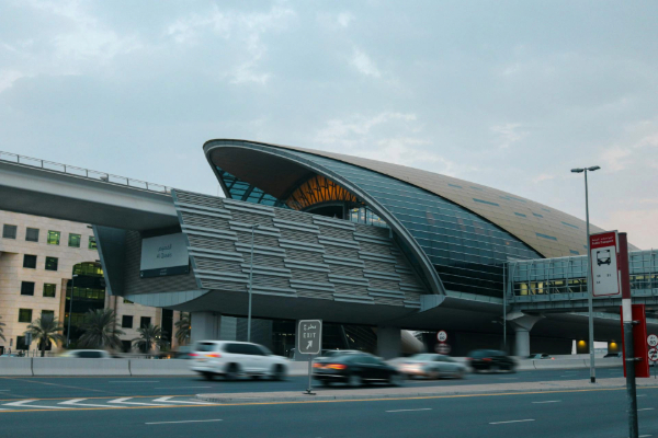 Highway with skyline view of modern architecture and urban roadway