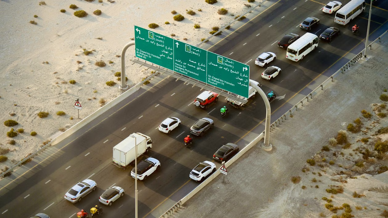 Aerial shot of vehicles on a busy highway in Dubai