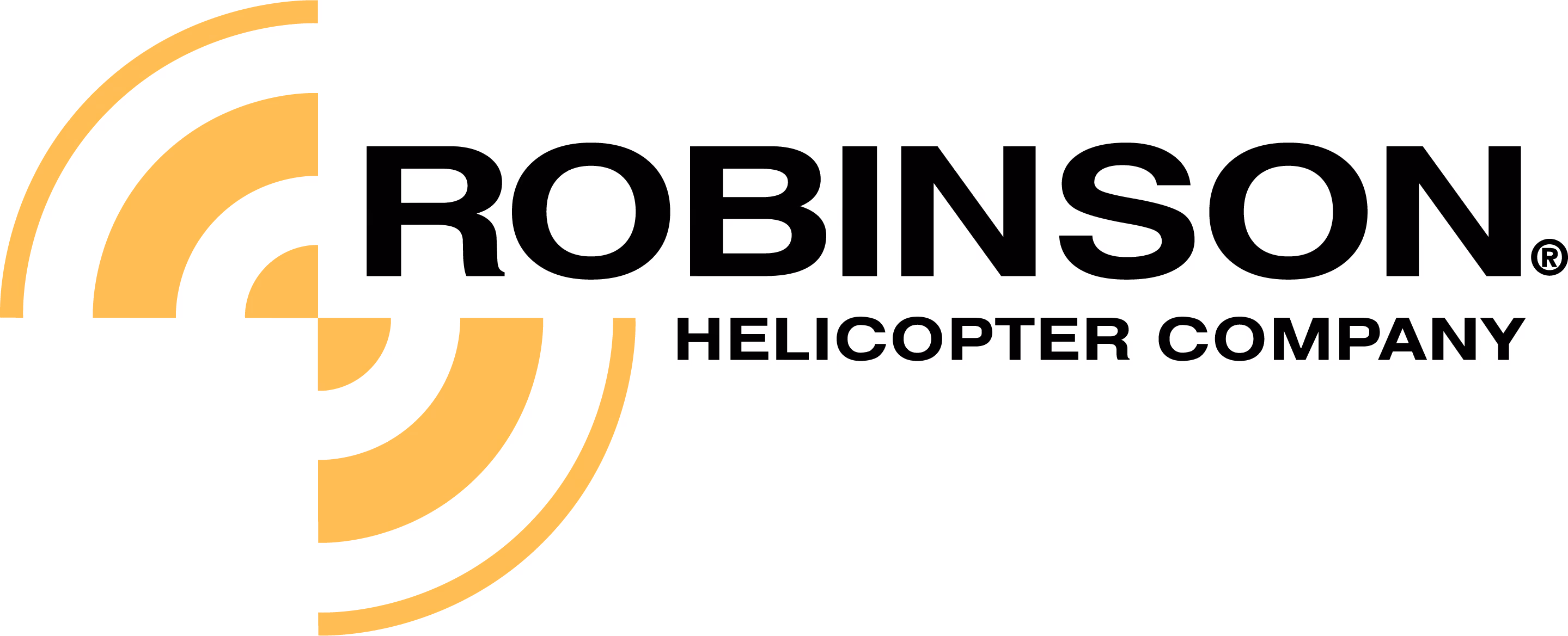Robinson Helicopter Company logo with black text and yellow rotor graphic on white background.
