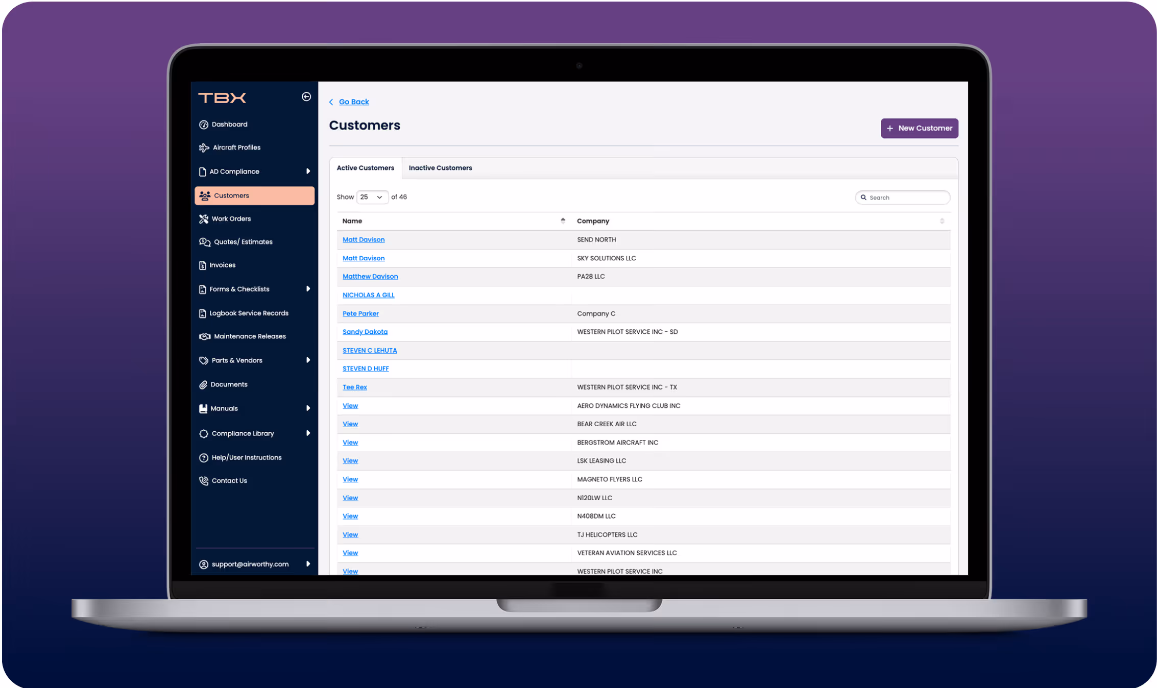 Laptop screen showing TBX software with a Customer list and navigation menu on a purple gradient background.
