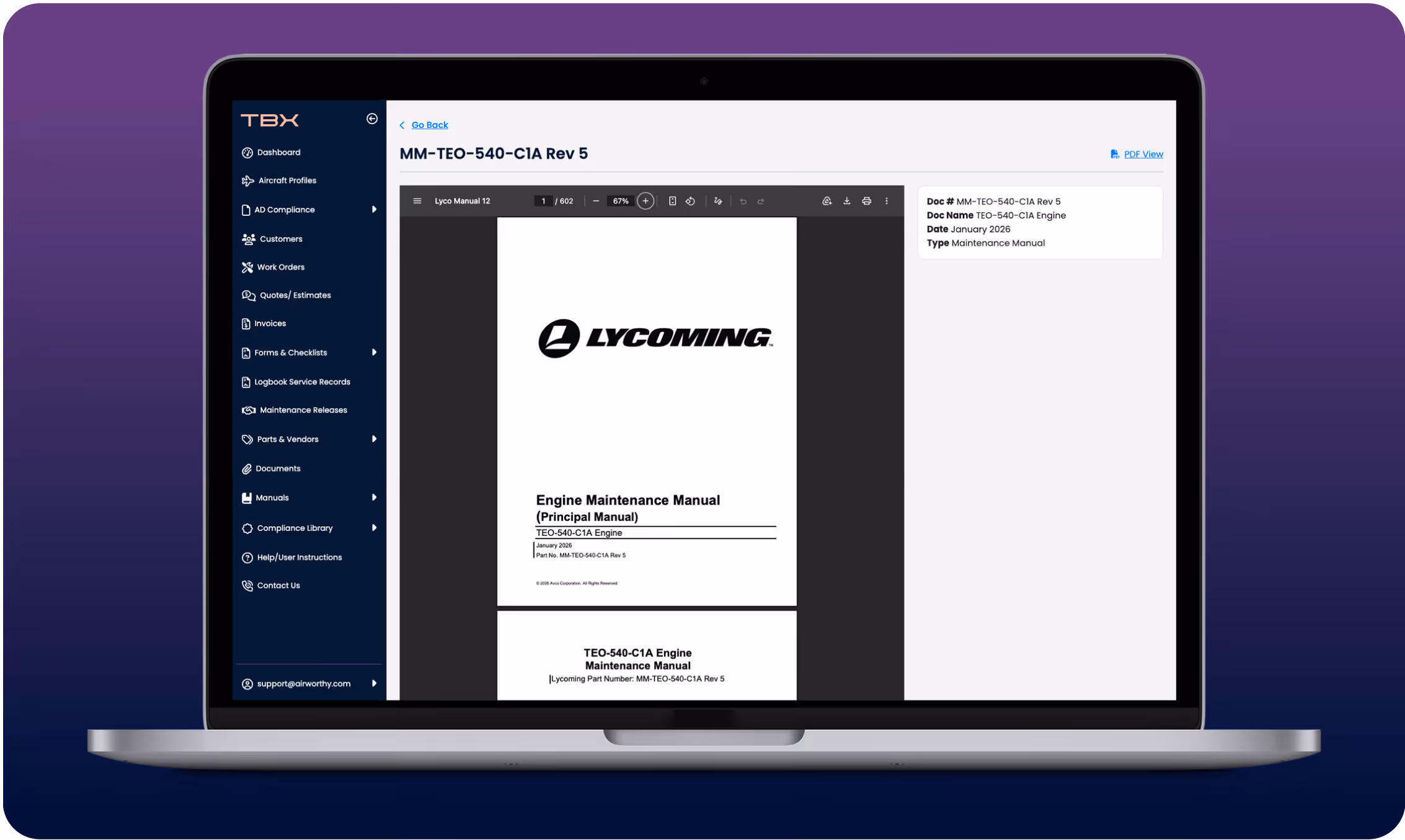 Laptop screen displaying TBX software with Lycoming engine maintenance manual open in a PDF viewer.