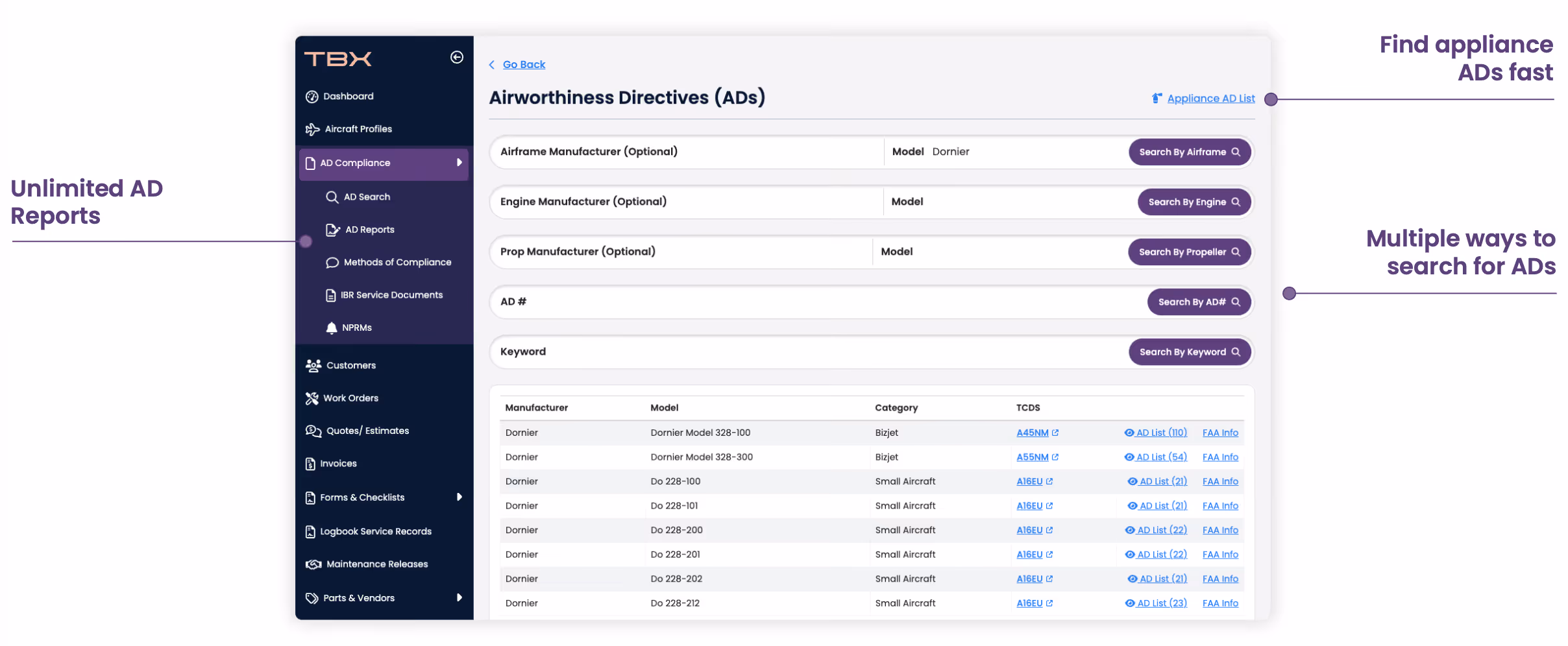 User interface showing Airworthiness Directives search with filters for manufacturer and model, plus AD report list.