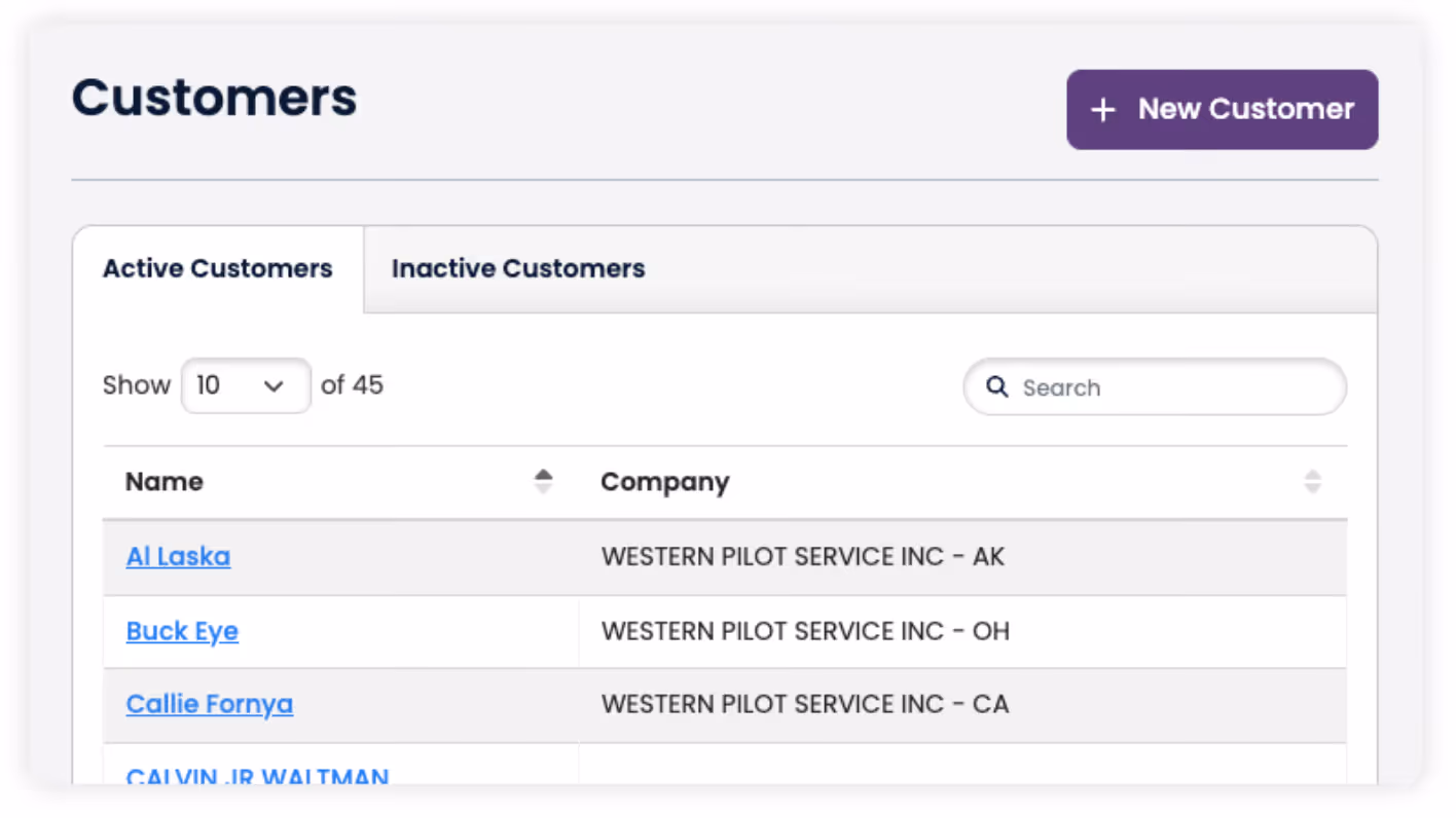 Customer list table showing names and companies with active and inactive tabs and a New Customer button.