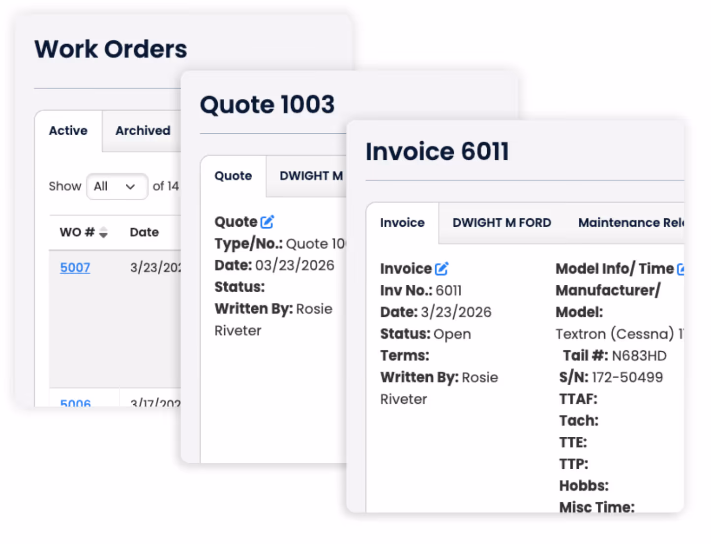 Screenshots of work orders, quote 1003, and invoice 6011 details with dates and status.