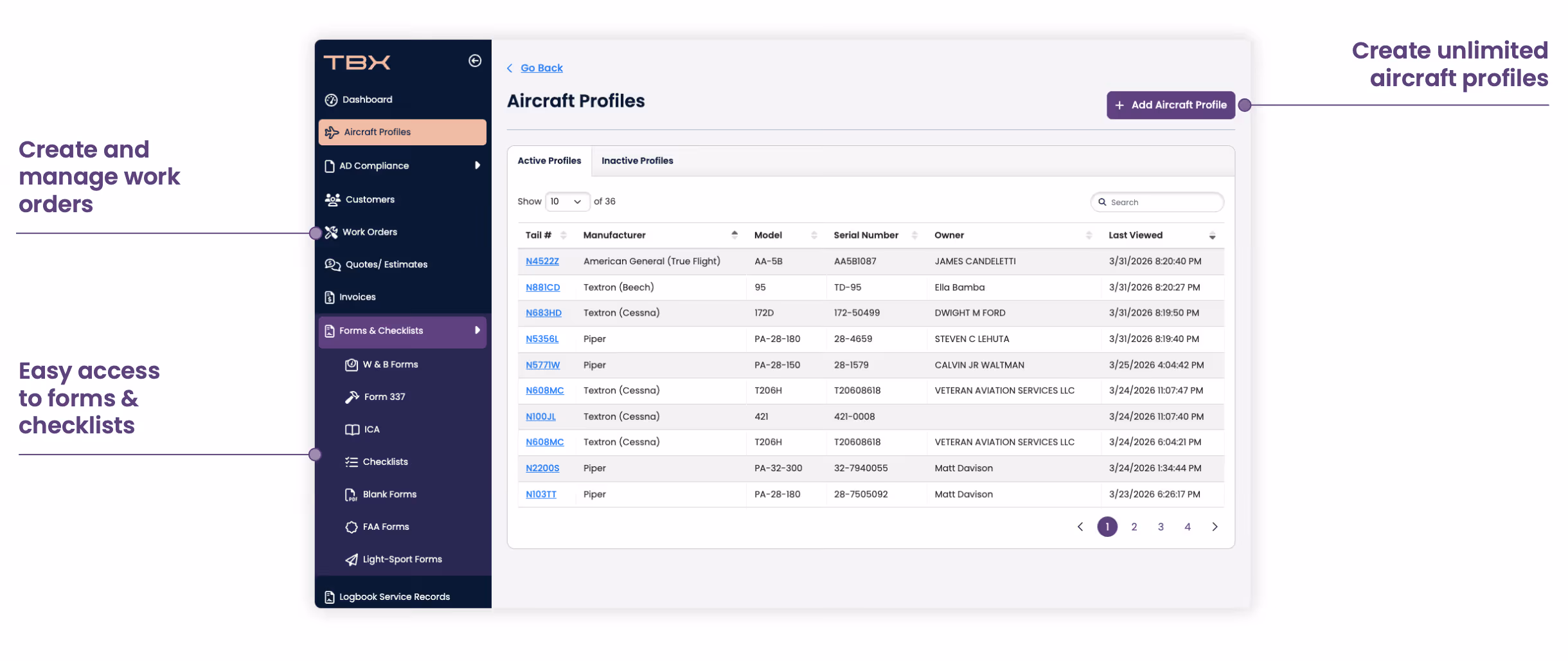 User interface showing aircraft profiles, work orders, forms, and checklists management features for aviation software.