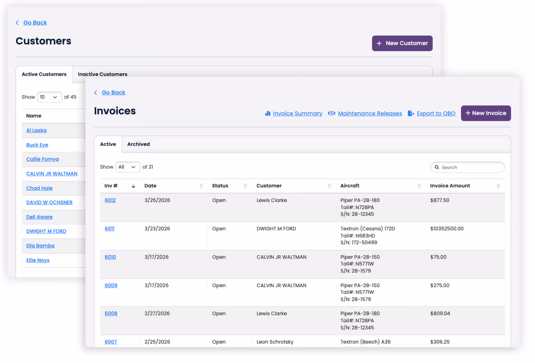 Two overlapping web app screens showing customer list and detailed invoices with filters and action buttons.