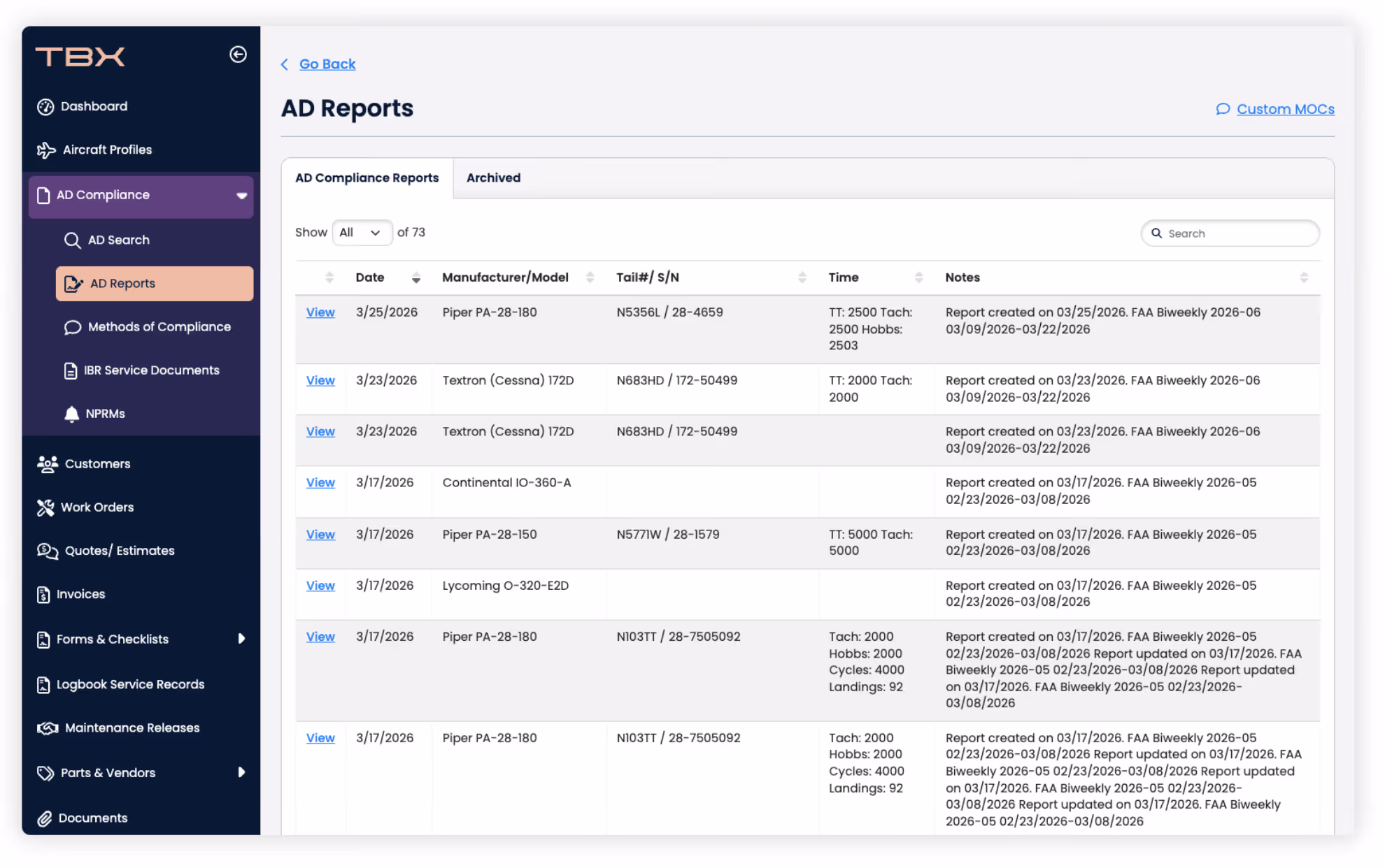 Dashboard interface showing a table of AD Reports with aircraft details and compliance notes.