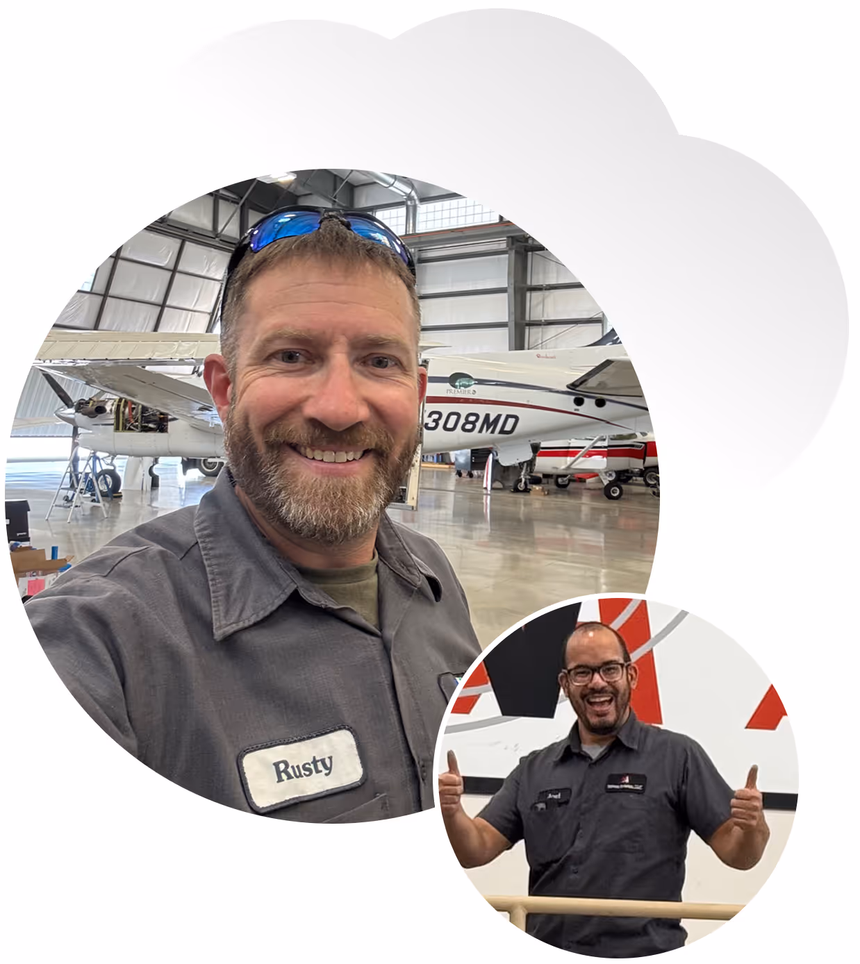 Two men in gray work shirts smiling, one in a hangar with airplanes, the other giving thumbs up indoors.