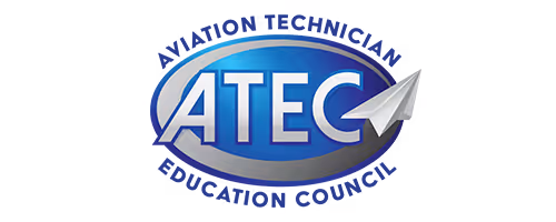 ATEC logo with blue background and a silver paper airplane design.