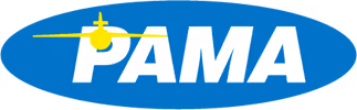 PAMA logo with stylized yellow cross and blue oval background.