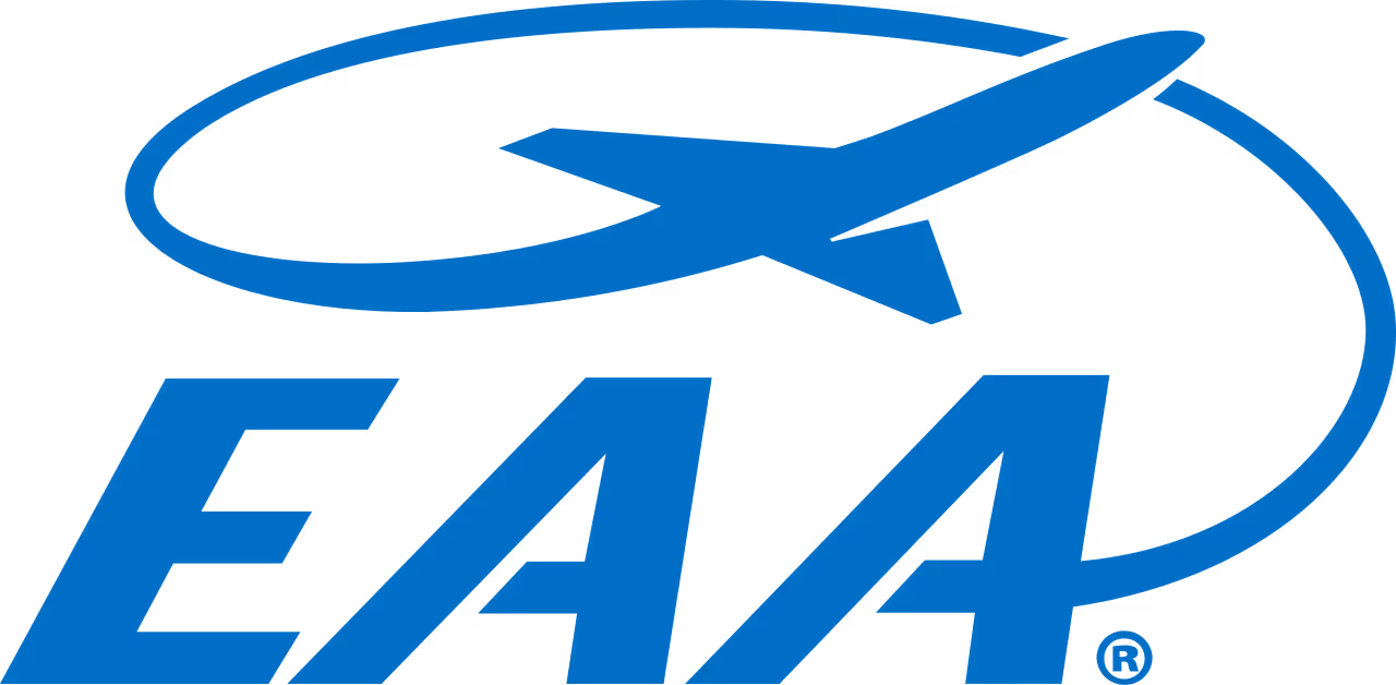 EAA logo featuring a stylized blue airplane encircled by an oval and bold EAA letters below.