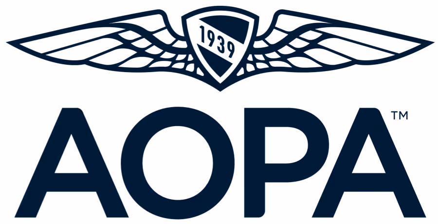 AOPA aviation organization logo with wings and the year 1939 inside a shield above the acronym AOPA.