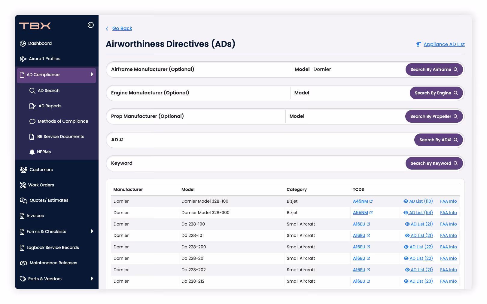 Screen showing Airworthiness Directives search for Dornier models with filters and linked FAA info.