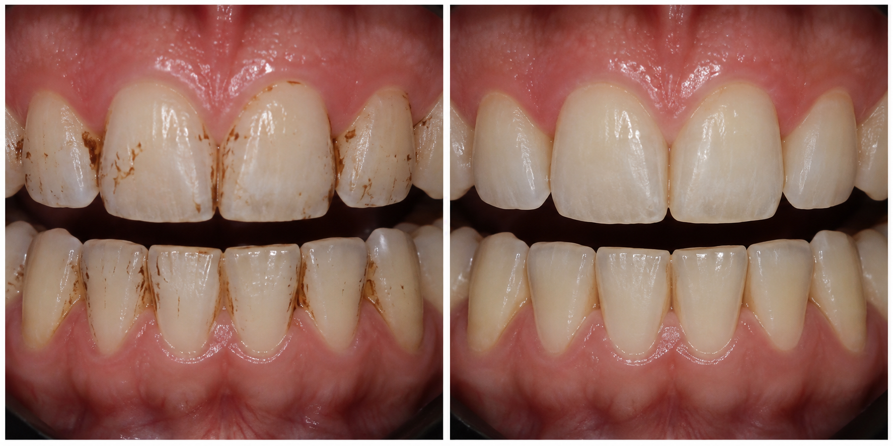 Illustrative before-and-after example of surface stain removal with professional dental hygiene