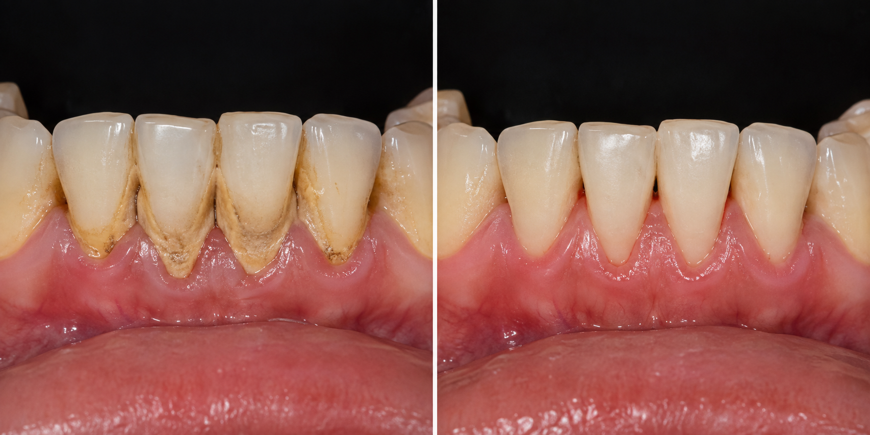 Illustrative before-and-after example of calculus removal from lower front teeth